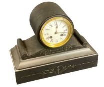 SLATE MANTEL CLOCK - Roman numerals on a painted dial and a brass bezel with scrolled and etched