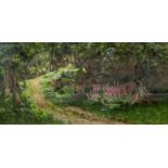 ALFRED OLIVER oil, believed on board - woodland path with foxgloves, signed, 17 x 34cms