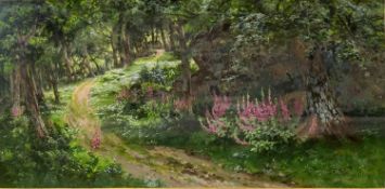 ALFRED OLIVER oil, believed on board - woodland path with foxgloves, signed, 17 x 34cms