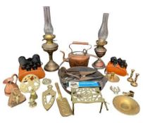 OIL LAMPS - brass based (2), antique copper kettle, other copper, brass and vintage metalware. Also,