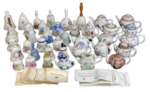 ORNAMENTAL TEAPOTS (14) - a collection, many with certificates and a china bell collection (26),