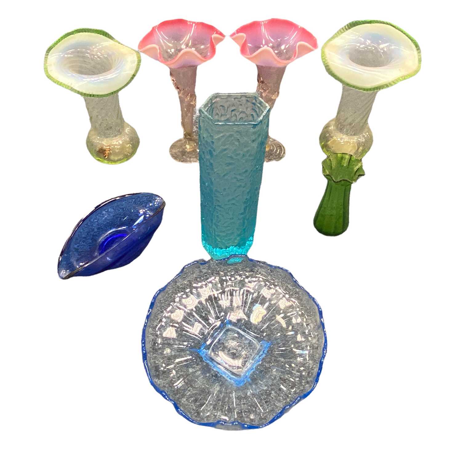 ASSORTED ANTIQUE GLASSWARE including a pair of Jack in the Pulpit Vaseline type vases, 20cms tall,