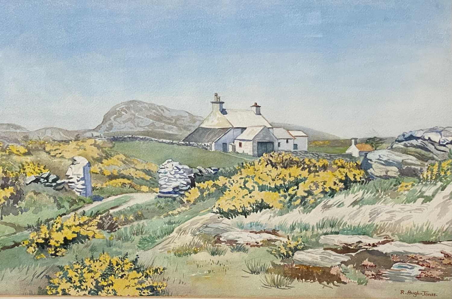 R HUGH-JONES watercolour - Anglesey rural scene with hilltop smallholding and flowering gorse,