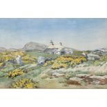 R HUGH-JONES watercolour - Anglesey rural scene with hilltop smallholding and flowering gorse,