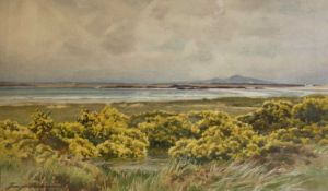 GEORGE COCKRAM watercolour - Rhosneigr Bay with Snowdonia mountain tops in the distance, signed,