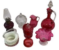 ANTIQUE GLASSWARE - an assortment including Cranberry decanter and stopper, ruby red oil lamp, ETC