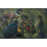 INDISTINCTIVELY SIGNED oil on canvas - native figures gathered around a pot, 78 x 118cms
