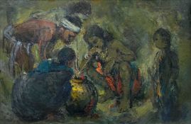 INDISTINCTIVELY SIGNED oil on canvas - native figures gathered around a pot, 78 x 118cms