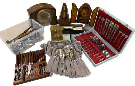 VINTAGE METRONOME, polished mantel clock, carriage clock and a parcel of loose and cased cutlery