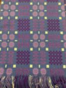 WELSH WOOLLEN BLANKET - with tasselled ends, traditional reversible pattern in blue with purples,