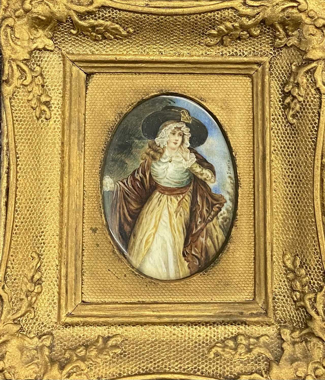 19TH CENTURY PORTRAIT MINIATURE OF A LADY WEARING A HAT - in a gilt frame, 17 x 15cms overall and - Image 2 of 3