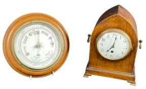 STEEPLE TOP PENDULUM OAK MANTEL CLOCK, 26 x 19 x 14cms and an oak framed barometer