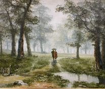 T BOYCE oil on canvas English school - figures walking through woodland, signed, 50 x 60cms