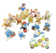 DISNEY BULLYLAND FIGURES - Snow White, 9cms tall and the Seven Dwarfs figures, Peyo Smurf figures (