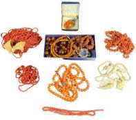 AMBER NECKLACES, similar type jewellery, coral necklaces and carved bone jewellery items, ETC