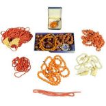 AMBER NECKLACES, similar type jewellery, coral necklaces and carved bone jewellery items, ETC