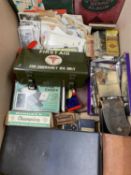 VINTAGE COLLECTION OF ITEMS to include cigarette and playing cards, old photographs, desk top items,