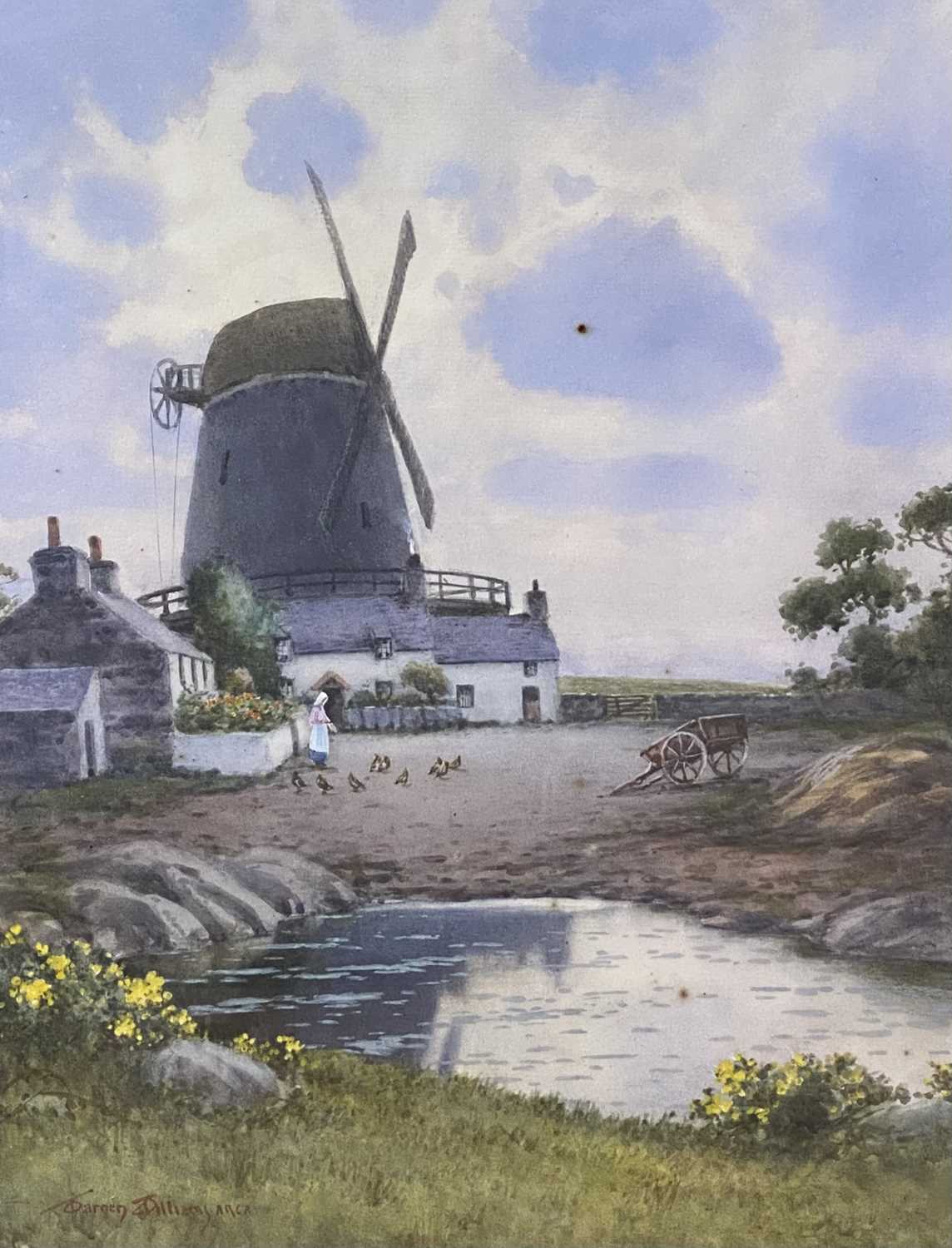 WARREN WILLIAMS ARCA watercolour - The Old Windmill at Cemaes Bay Anglesey with woman feeding