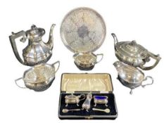4 PIECE EPNS TEA SERVICE and other plated ware to include a cased near complete five piece condiment