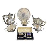 4 PIECE EPNS TEA SERVICE and other plated ware to include a cased near complete five piece condiment