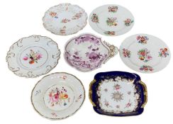 COALPORT CABINET PLATES & DISHES to include a puce decorated and gilt highlighted dish circa 1830, a