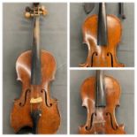 ANTIQUE VIOLINS (3) - one in hard case with bow labelled P & H, London, length of back 35.5cms,