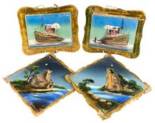 VICTORIAN DECORATIVE GLASS PANELS depicting images of the Mauritania, Lusitania, gilt highlighted
