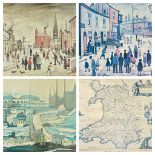 L S LOWRY prints (3) - typical urban scenes with many figures, 36 x 49cms and 45 x 62cms, an
