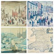 L S LOWRY prints (3) - typical urban scenes with many figures, 36 x 49cms and 45 x 62cms, an