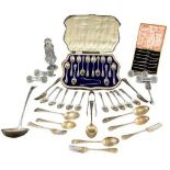 CASED & LOOSE EPNS FLATWARE, set of four glass knife rests and a moulded glass sugar sifter with