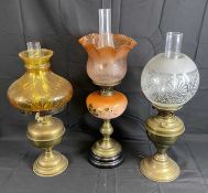 OIL LAMPS (3) - brass based with good shades, copper helmet coat scuttle, wicker basket and a part