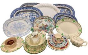 BLUE & WHITE MEAT PLATTERS (3 large, 2 smaller), other platters, dinnerware and miscellaneous