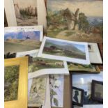 UNFRAMED SKETCHES, WATERCOLOURS & PRINTS - a large parcel, Keith Bowen prints, and, a small parcel