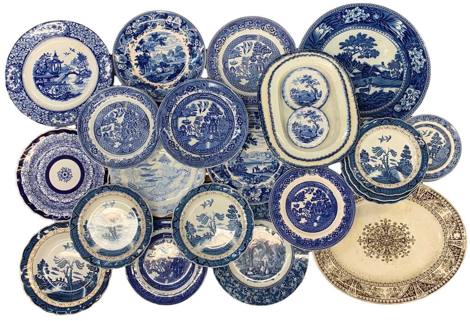 BLUE & WHITE PATTERN and other dinner plates, ETC including early Pearl ware, Wedgwood Fallow Deer