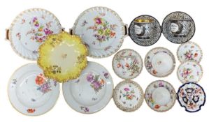 DRESDEN & OTHER CONTINENTAL PORCELAIN including floral decorated cups, saucers and plates, two x KPM