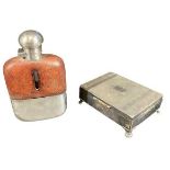 JAMES DIXON & SON SILVER PLATED & LEATHER HIP FLASK and an HB Aristocrat EPNS cigarette box, 14cms L