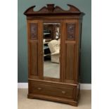 EDWARDIAN MAHOGANY SINGLE MIRRORED DOOR WARDROBE - with carved front and base drawer, 218cms H,