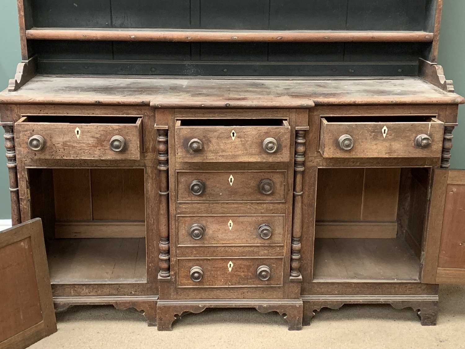 CIRCA 1860 OAK ANGLESEY DRESSER with breakfront, three drawers over three false drawers and two - Image 4 of 6