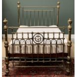 ANTIQUE BRASS FRAMED BED with wooden and sprung base and mattress, 157cms H, 145 x 218cms