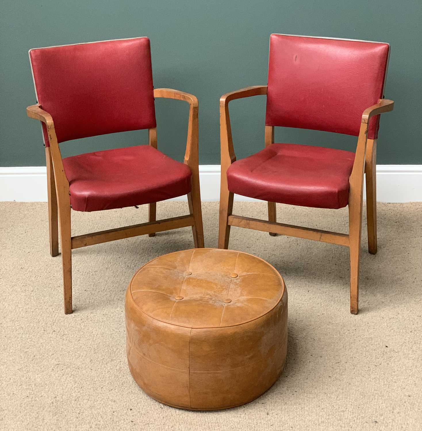 RETRO VINYL SEATED & BACKED ELBOW CHAIRS, a pair, 80cms H, 52cms W, 42cms D and a similar era drum