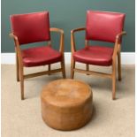RETRO VINYL SEATED & BACKED ELBOW CHAIRS, a pair, 80cms H, 52cms W, 42cms D and a similar era drum