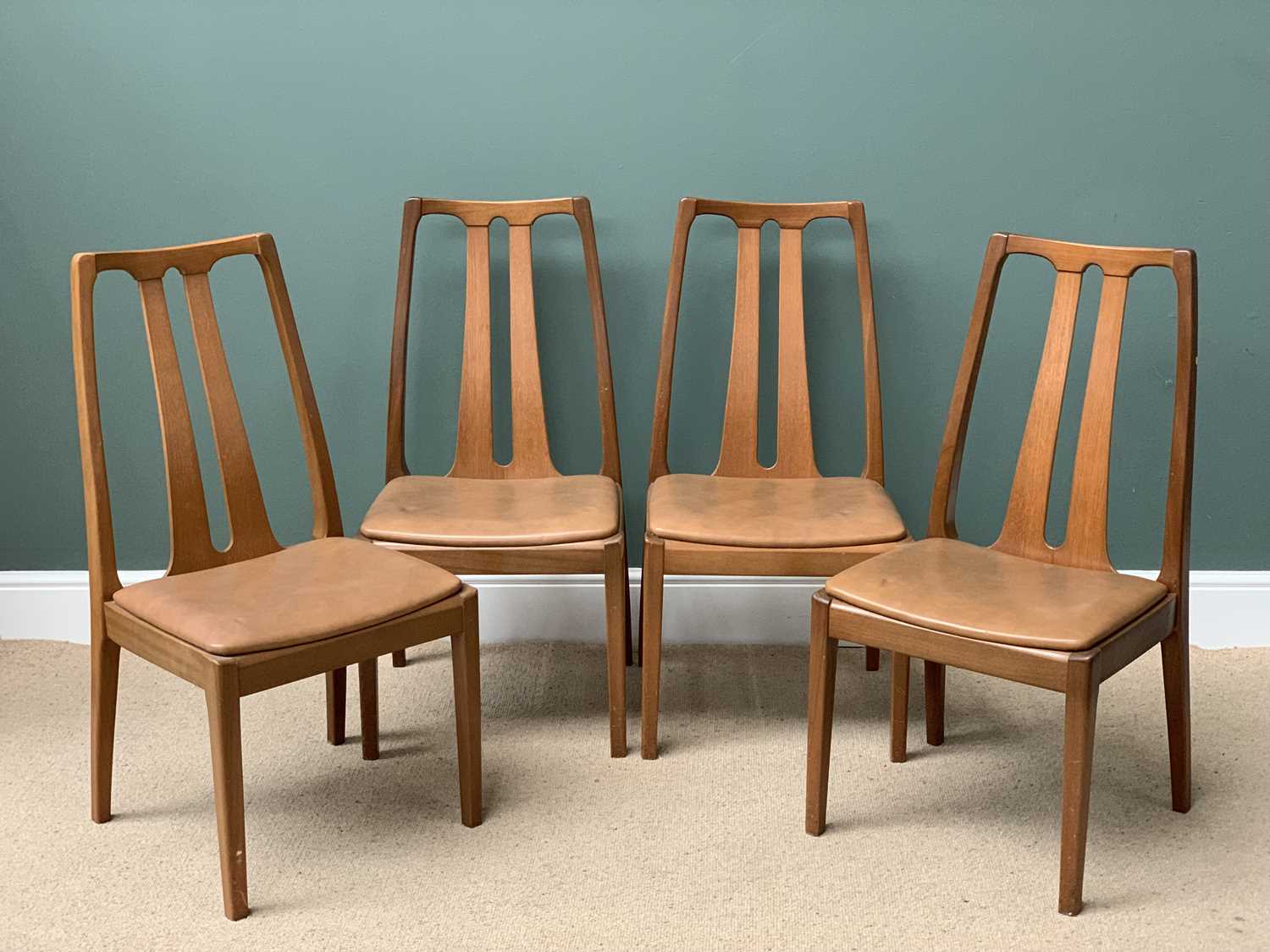 MID-CENTURY TYPE DINING CHAIRS, set of four with slatbacks and vinyl seats, 96cms H, 48cms W,