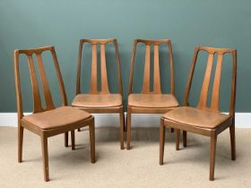 MID-CENTURY TYPE DINING CHAIRS, set of four with slatbacks and vinyl seats, 96cms H, 48cms W,