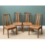 MID-CENTURY TYPE DINING CHAIRS, set of four with slatbacks and vinyl seats, 96cms H, 48cms W,