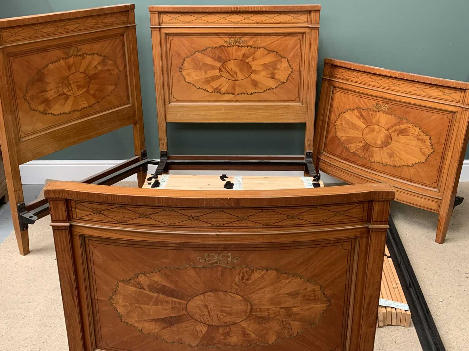 ANTIQUE MAHOGANY BEDS (2 SINGLES) - an ornate pair with intricate fan inlay (with rails and - Image 2 of 2