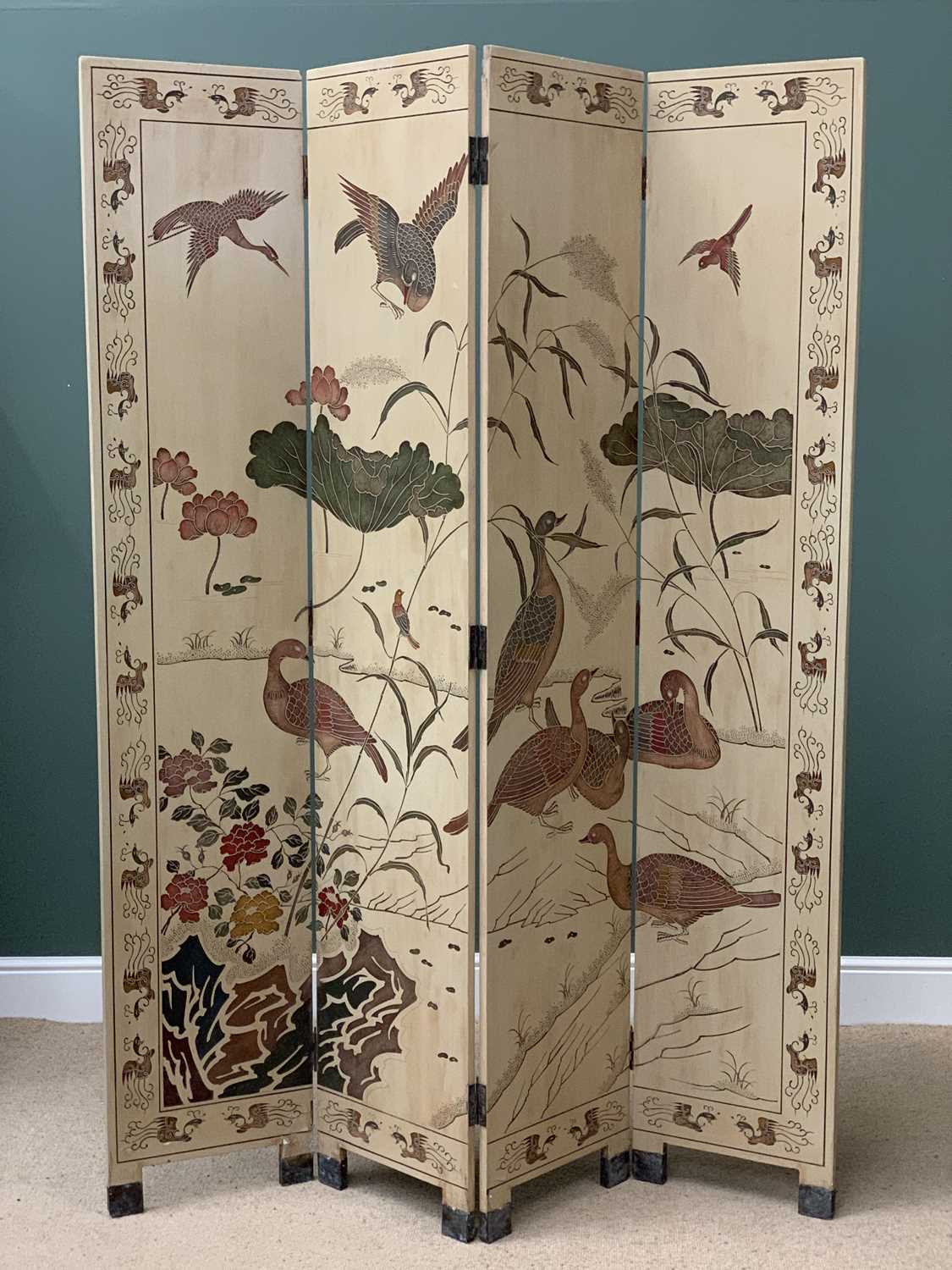 VINTAGE FOUR SECTION DRESSING SCREEN, painted with exotic birds and foliage, 214cms H, 41cms W, 2cms - Image 2 of 3