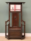 EDWARDIAN HALLSTAND having top coat hooks with central mirror over a box seat flanked by stick/