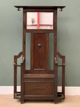 EDWARDIAN HALLSTAND having top coat hooks with central mirror over a box seat flanked by stick/