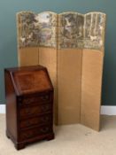 REPRODUCTION MAHOGANY BUREAU, 96cms H, 52cms W, 42cms D and a four fold dressing screen, fabric