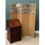 REPRODUCTION MAHOGANY BUREAU, 96cms H, 52cms W, 42cms D and a four fold dressing screen, fabric